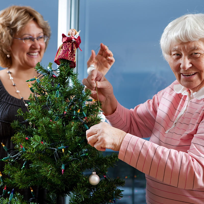 Volunteer helping senior decorate her Christmas Tree